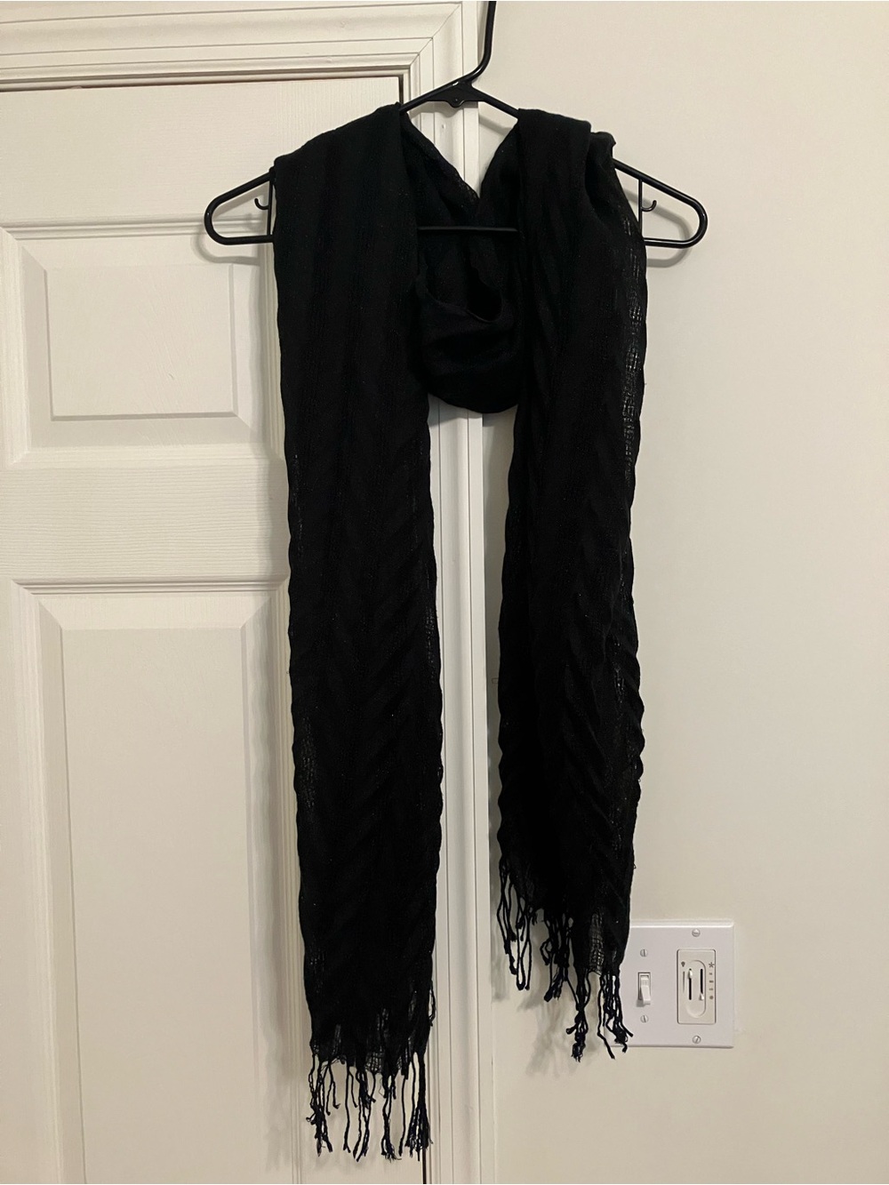 Lightweight Black Shimmer Crinkle Scarf with Fringe